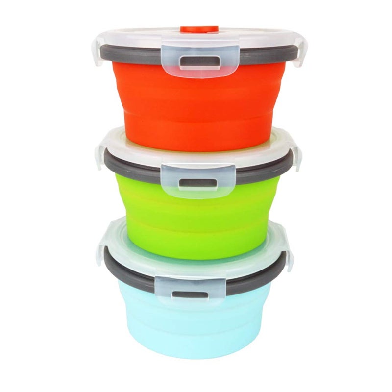 CCyanzi Ecomorning 3Piece Round Collapsible Lunch Container Silicone Food Storage Containers Collapsible Camping Bowl with Airtight Silicone Lids, Microwave, & Freezer Safe, 350ML - Image 2